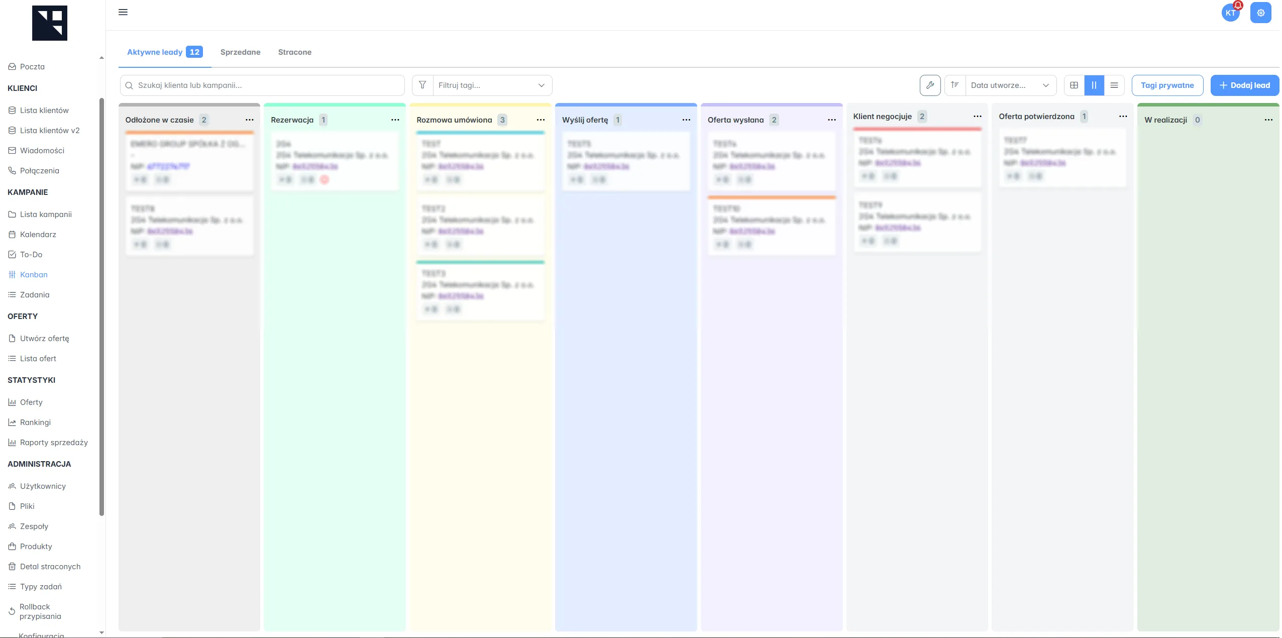 Kanban Board - Zarządzanie leadami